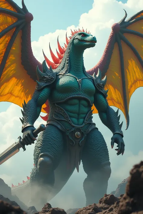 Godzilla with huge wings Yellow red feathers, with sky blue armor, black breastplate , light green belt, holding sword in left hand and shield in right hand.