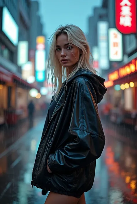 create an influencer,blonde hair,Scandinavian,light eyes,light brown skin, spotty, girl next door,detailed body to face, im Bett, 8k resolution,body should be completely visible,stands in rain in the city,tokyo,neon signs,rain jacket,paouze the head, looks...