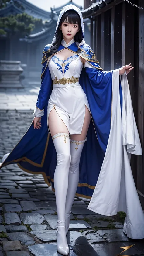 climbing a temple wall South korea women mystery hooded on with modern royal Blue coat with long and wide sleeves with buttons and royal Blue cape and very high white heel over the knee and white gloves, As she reveals a small secret hidden blade coming fr...