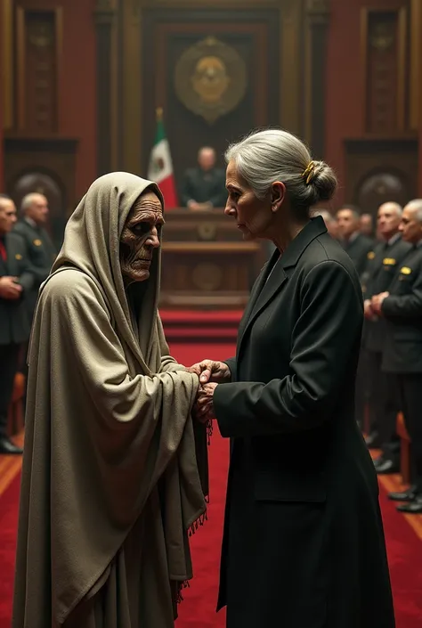 Generate an image of an elderly woman who is a deputy and her face is decrepit, with a hump and which is delivered by the Presidential Band of Mexico, To the Female President of Mexico, in the Chamber of Deputies, in his taking of the throne.
