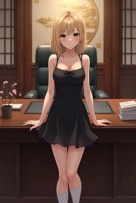 Japanese, young woman, shoulder length blonde hair, small black bow in front of hair, wearing black dress, no shirt underneath, knee high white socks, standing in front of an office desk in an executive’s office