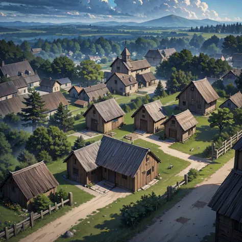 Create a 2d rpg battle map with top view, top-down, top-down view. With A small medieval village with wooden and stone houses, surrounded by a dense forest. In the center, there is a square with an old well and some barrels, where the villagers are gathere...