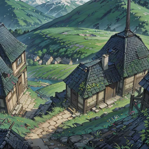 Create a 2d rpg battle map with top view, top-down, top-down view. With A small medieval village with wooden and stone houses, surrounded by a dense forest. In the center, there is a square with an old well and some barrels, where the villagers are gathere...