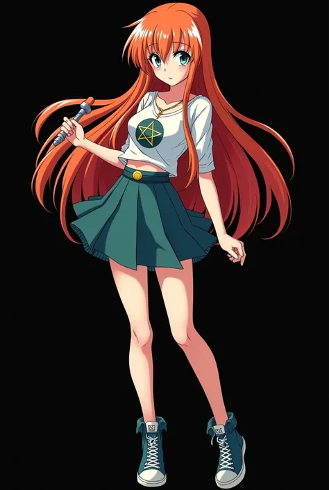 A full body image of an 1 girl, personagem do anime "Dragon Ball Super", she is very beautiful, with long, straight, fire-colored hair with two white streaks highlighted in the front, framing your face. She has blue-green eyes and pale skin.. she is a Wicc...