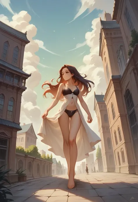 ((masterpiece)),(((bestquality))),((ultra-detailed)),1girl, solo, barefoot, standing, building, smile, floating hair, dutch angle, closed mouth, looking away, outdoors, lingerie 