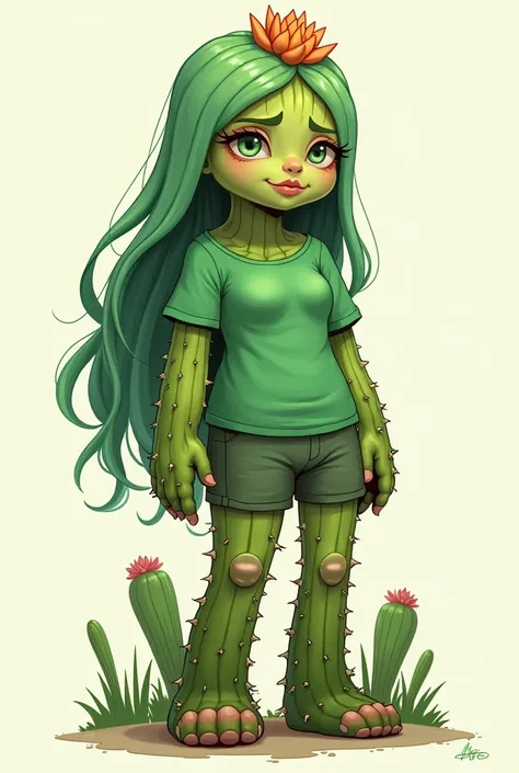 Generates a catuctus version person and woman and with a green shirt and short green shorts and long green hair and a fake smile to hide her sadness with a green shirt