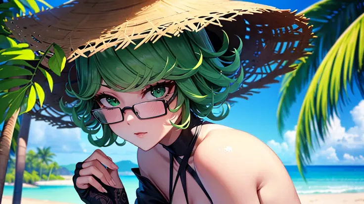 (high res, 8K, masterpiece, looking at viewer, best quality, very aesthetic, ultra detailed, ultra background, ultra Eyes) intricate details, 1girl, Tatsumaki, Black Bikini, beach hat, Black Glasses,  green short hair, green eyes, Normal Face, Background S...