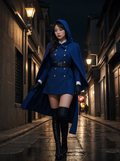 south korea walk women mystery hooded on with modern royal blue coat with long and wide sleeves with buttons and royal blue cape...