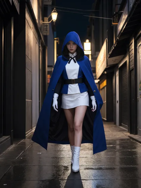 south korea walk women mystery hooded on with modern royal blue coat with long and wide sleeves with buttons and royal blue cape...