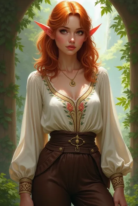 An elf woman with orange-brown, shoulder-length slightly curly hair and brown eyes. She is a plus-size woman. She wears a white blouse with beautiful embroidery and dark brown trousers in medieval style. She wears a necklace with a moon around her neck. Fa...