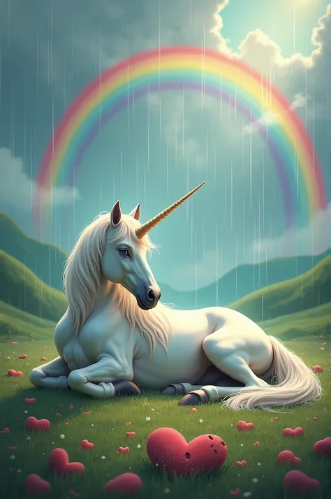 Unicorn lying down and raining with lots of rainbows and broken hearts