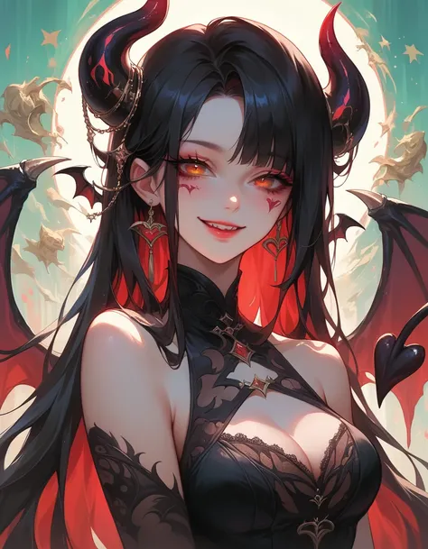 "Isabel as a sweet, alluring little devil with long, flowing black hair, featuring an anime-style face inspired by Korean beauty. She has large, captivating anime eyes, radiant smooth skin, and an alluring yet playful smile. Her outfit is a cute black lace...