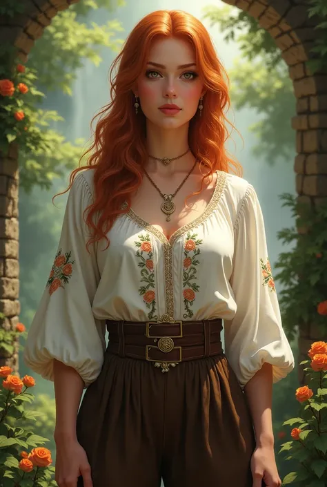 An elf woman with orange-brown, shoulder-length slightly curly hair and brown eyes. She is a plus-size woman. She wears a white blouse with beautiful embroidery and dark brown trousers in medieval style. She wears a necklace with a moon around her neck. Fa...