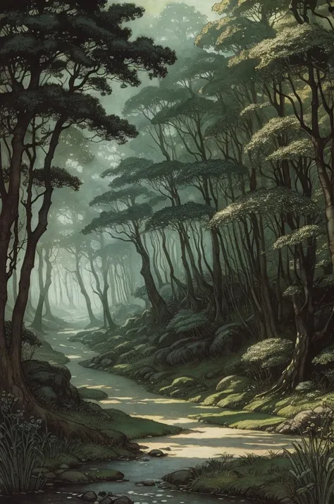 An Arthur Rackham style illustration of a forest glen 