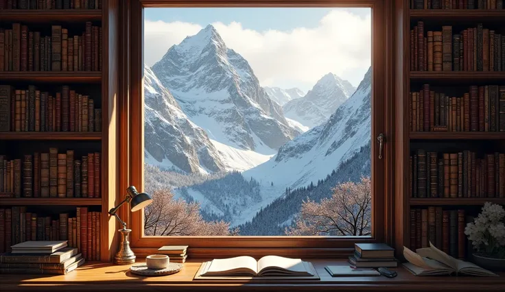 a bookshelf in a study room,snow covered mountains outside the window,sunlight streaming through the window,detailed interior, dramatic lighting,moody atmosphere,warm colors,photorealistic,highly detailed,8k
