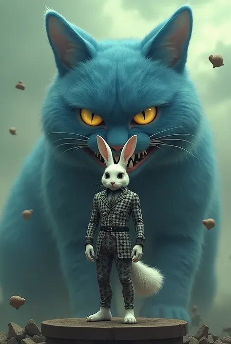 Surreal, fantasy-style digital artwork featuring a highly detailed, anatomically correct humanoid rabbit and a large, menacing blue cat in 4K resolution. The humanoid rabbit stands confidently on a platform, wearing a intricate, checkered black and white o...