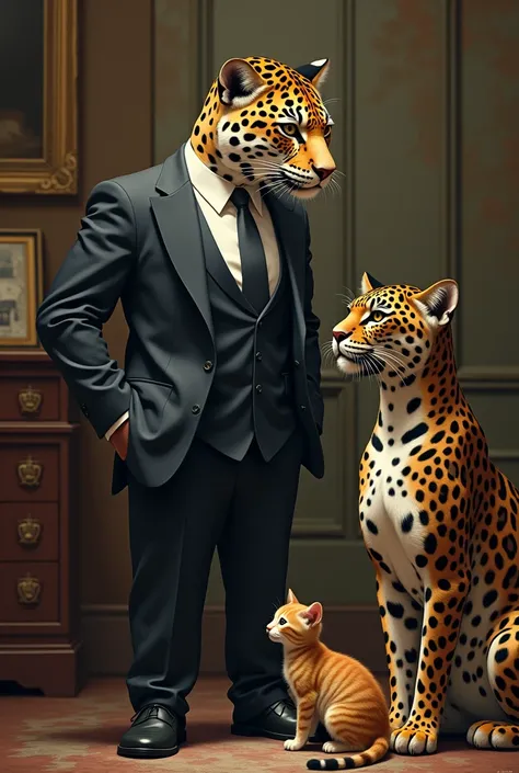 A jaguar in a suit talking to 1 jaguar and 1 cat