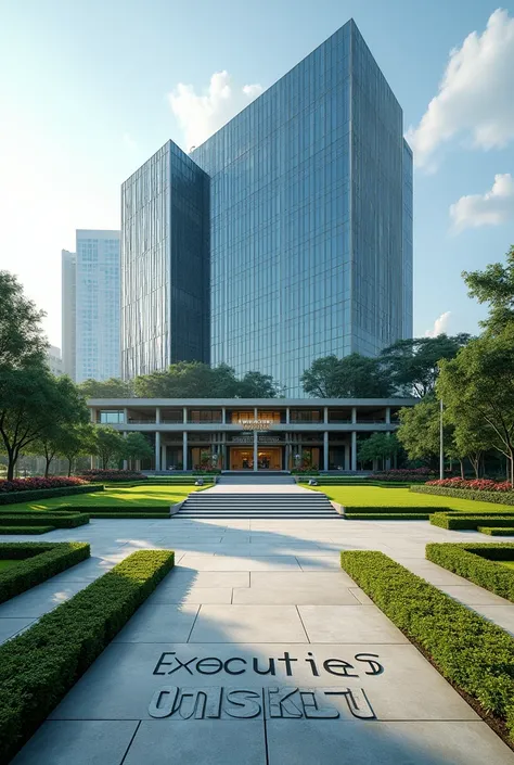 Create a very big headquarters with Singaporean architecture.The words FINANCE DOCKET exposed the compound has a driveway grass and flowers neatly organized no trees I cant see the words Executive Docket on the concrete I want to see the words