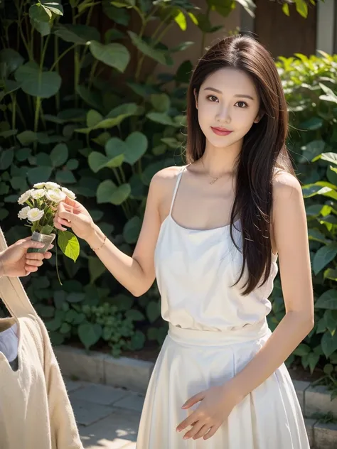 ，Masterpiece, best quality，8ก, very high，Real light and shadow，Film Lens，(beautiful eyes:1.1)， ((The mid-scene shot is，upper body))，Dynamic Post，On green meadows，The gentle goddess comes with gentle steps.。She was wearing a white dress.，big breasts,A gentl...