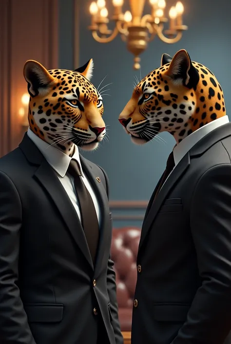 A jaguar in a suit talking to 1 jaguar 