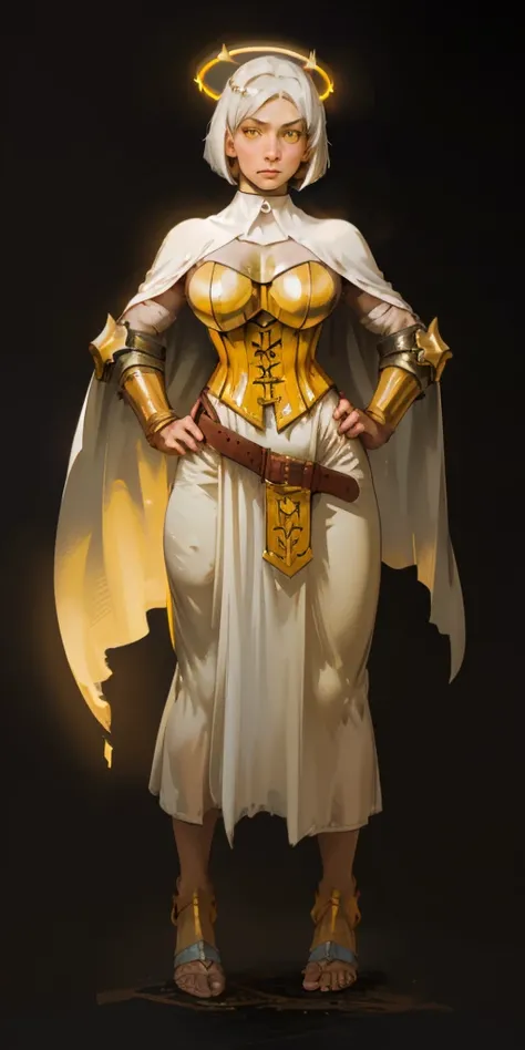 (black background) paladin lady in ornate golden armor, pauldrons, breastplate, corset, glowing halo, short hair, bob hair style, white silver hair, yellow glowing eyes, bright pupils, eye focus, white cape, full body, whole body 1solo (girl) loincloth sta...