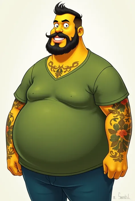 Omero simpson original with tattoos on his arms, small beard, that he is smiling, with belly and green shirt