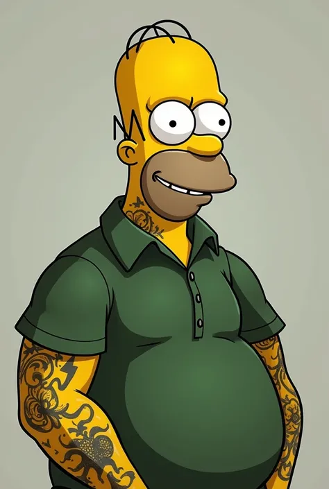 Omero simpson with tattoos on his arms, small beard, that he is smiling, with belly and green shirt