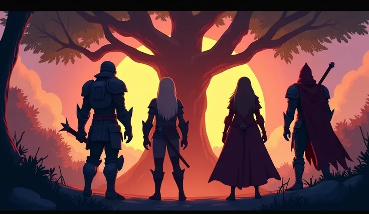 Output prompt:

"action movie shot, four heroes from the back, knight, mage, healer, assassin, cartoonish style, no face details, large tree in the background, dynamic poses, intense atmosphere, vibrant colors, dramatic lighting, [heroic silhouettes], [adv...