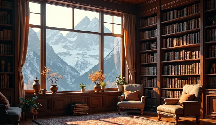 a bookshelf in a study room,snow covered mountains outside the window,sunlight streaming through the window,detailed interior, dramatic lighting,moody atmosphere,warm colors,photorealistic,highly detailed,8k
