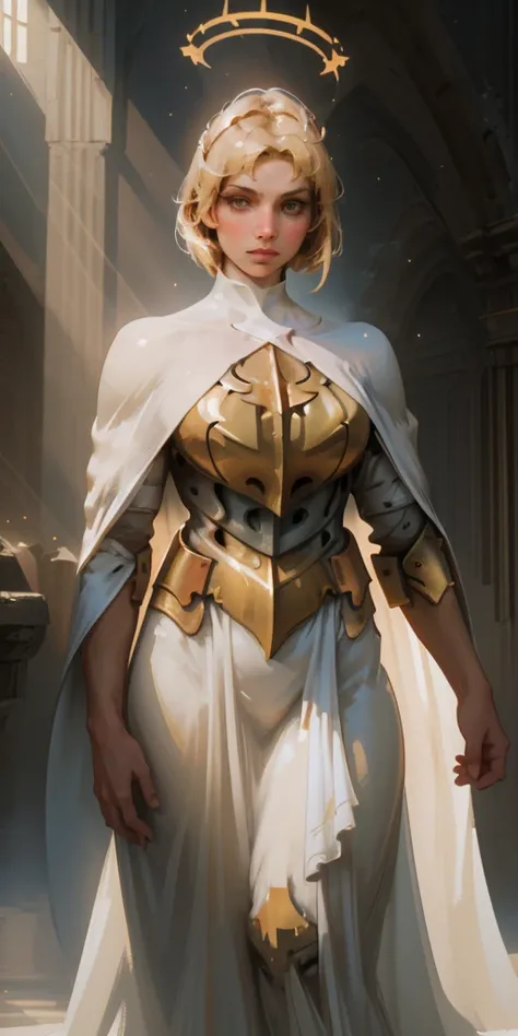 A majestic paladin, bathed in ethereal light, stands tall against a dark backdrop. Her flowing white cape and ornate golden armor create a striking silhouette. A halo of light surrounds her head, and her gaze is fixed on the viewer, her fingers crossed in ...