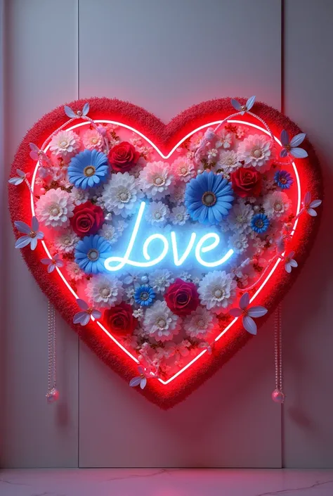 The picture shows a heart decorated with white blue red flowers and white vines on the wall, a red collar heart is formed by it, inside the heart some yellow neon light is shining and the name "SOfi & SONA" is written in a 3d stylish font with purple glitt...