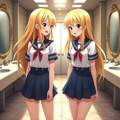 Two girls, school uniform, blonde, blue eyes, arrogant, in bathroom, anime