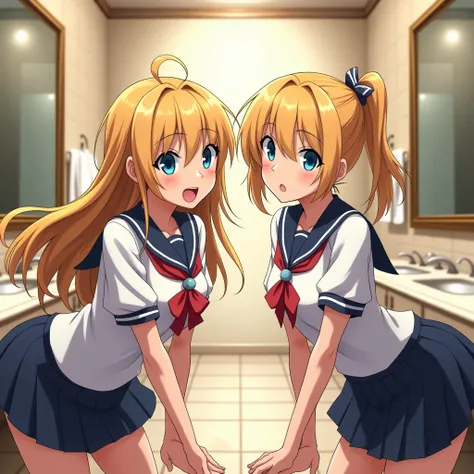 Two girls, school uniform, blonde, blue eyes, arrogant, in bathroom, anime