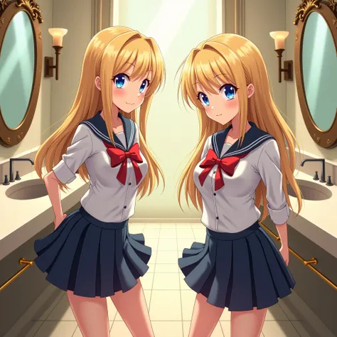 Two girls, school uniform, blonde, blue eyes, arrogant, in bathroom, anime