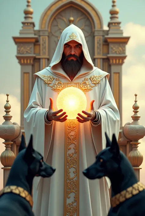 Highly stylized and fantastical image featuring a central figure dressed in an elaborate, hooded white robe with gold accents, standing in front of an ornate throne with large, detailed angel wings. The figure has a well-groomed beard, light skin, and inte...