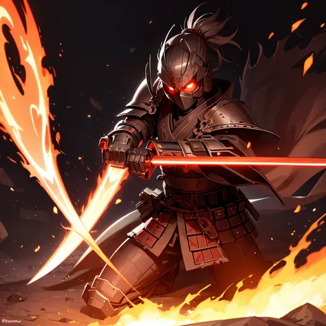 a samurai, with cybernetic armor, holding a sword embedded in fire, with a little blood on the armor, with red glow in the eyes,your face is hidden by a shadow ,full body on display, in the background of the scene, right behind the character, a giant cut i...