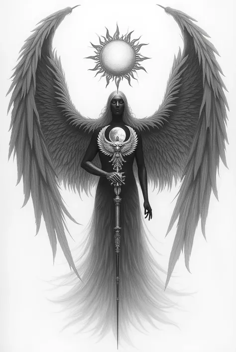 a winged solar disk representing the sun god Shamash, a crescent of the moon-god Sin and a lion-headed mace on a pedestal, All this represented in the feathers of an angel, black and white pencil drawing