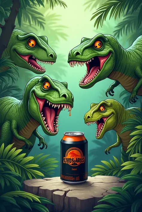 Plusieurs t-rex dans la jungle, ils sont verts, caché dans le feuillage, ils regarde fixement une canette noir avec ecris BDB dessus en orange, la canette est posée sur une pierre en premier plan et brille, ils bavent en la regardant pret a l’attaquer, les...