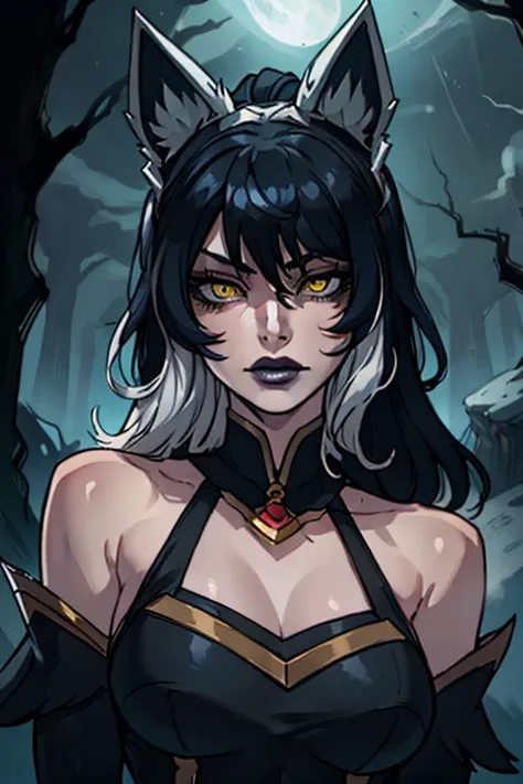 coven ahri, 1girl, dress, detached sleeves, multicolored hair, black hair with white big hair streaks, bangs, wavy black, wavy hair, animal ears, yellow eyes, very pale skin, dark purple makeup, black lipstick, in a dark ambient landscape setting with dark...