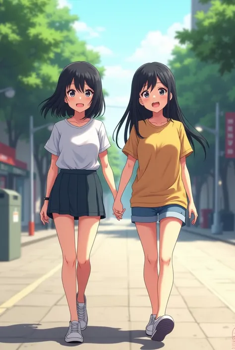 Two young woman together, they are walking in the street, they are holding hands, its a friendly vibe, one of them has black hair and shes really beautiful, the other is a litte bit ugly and fat, they wear little skirts and t-shirts, daylight scene, anime ...