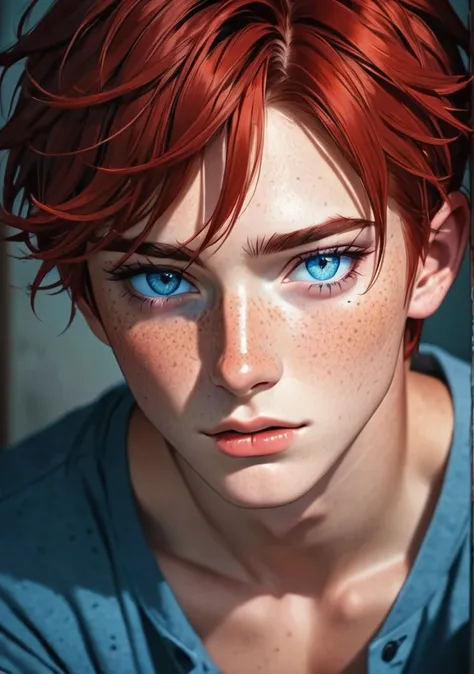 Boy, beautiful, red hair, Blue eyes, freckles seductive 