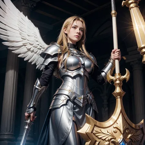 A warrior paladin with an angelic aura holding a mace and shield