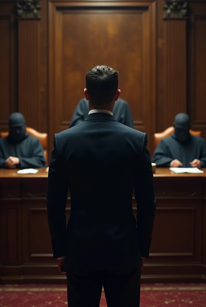 A man standing in front of a panel of judges being asked questions 