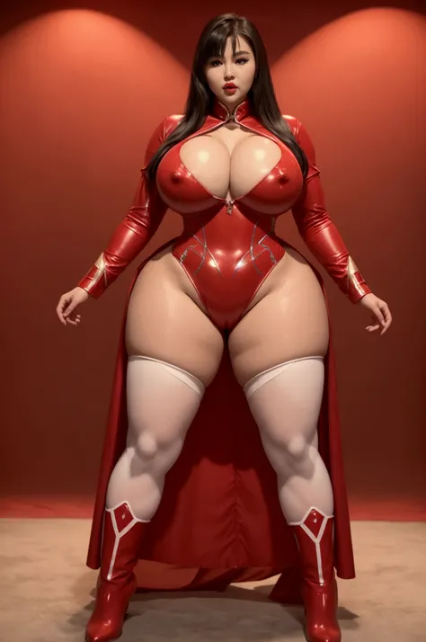 Beautiful curvy Chinese white skin girl, red lips, Red body suit, superman logo, Coat, boots, standing pose at photoshoot, highly detailed, hd, ultra detailed, ray tracing, high resolution, stunning visuals, (thick thighs:1.3), (huge breasts:1.2)