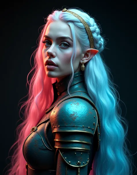 GORGEOUS VALKYRIE , WARRIOR WOMAN, BUST IMAGE STYLE, STUDIO IMAGE STYLE, BLACK INFINITE BACKGROUND, DIFFUSED LIGHTS ON FACE, BACK LIGHTS ON HAIR, LUMINOUS PINK BLUE HAIR, CLOSE FACE SHOT, HUGE LONG HAIR, HUGE STRAIGHT LONG HAIR, BRAID HAIR STYLE, PLATINUM ...