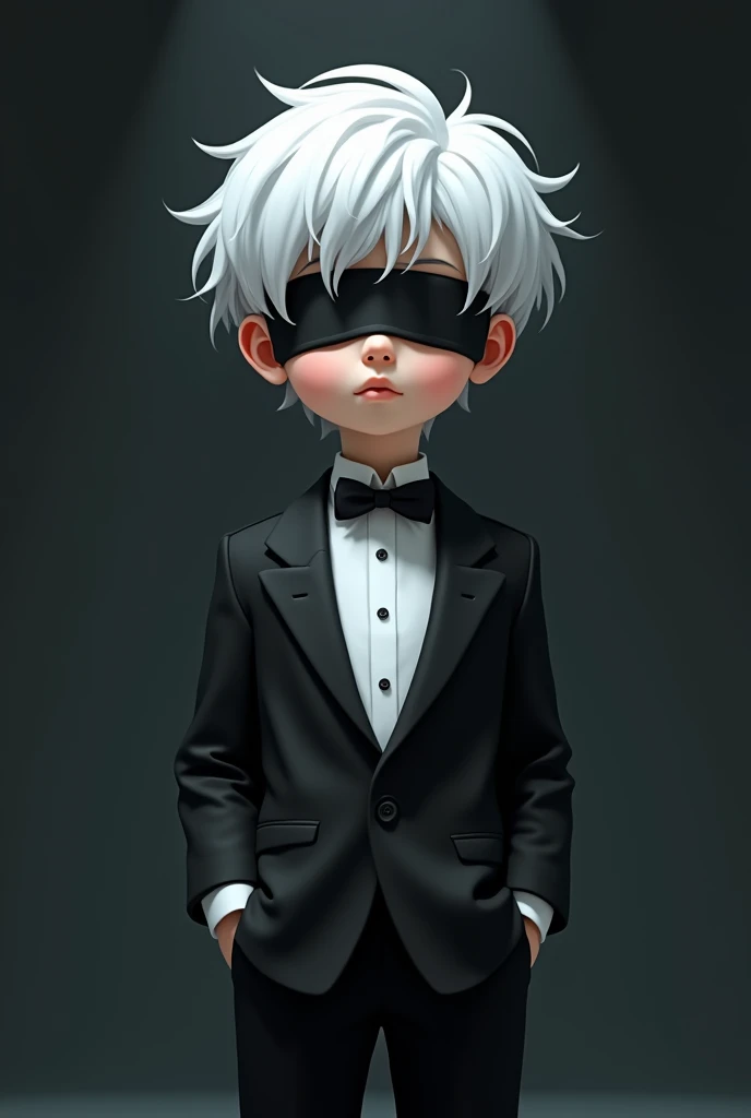 Baby animated boy wearing black tuxedo, black blindfold with white hair like gojo in dark background 