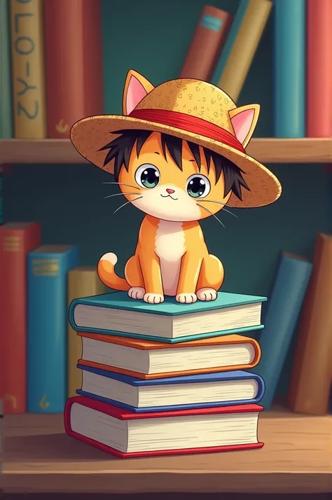 Ai logo with kitten wearing Luffy&#39;s hat sitting on anime books, behind a shelf with anime books 