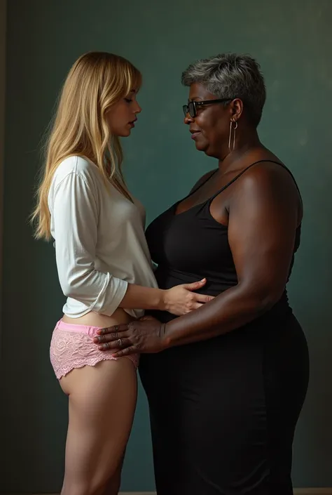 Create a photo of a single young woman aged 25, com pele branca e clara, slender and beautiful body, long light hair, Wearing pink lace panties, and his white shirt is being lifted by a 90 year old woman, obese, dark black skinned, shorth hair, with glasse...