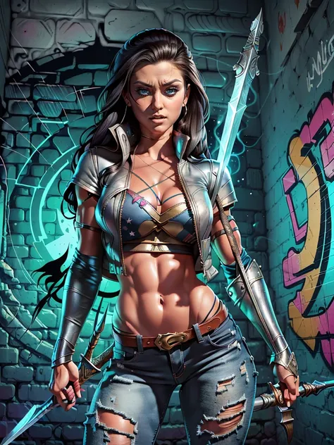 Very aesthetic inkpunk illustration, Alison Tyler, (((wielding a magic spear in his right hand))), sentada em uma cadeira simples, corpo inteiro, separated-lips, ,(((jaqueta de couro preta com rebites))) , ripped jeans, camiseta branca, , fundo da parede c...