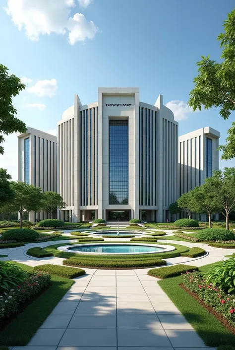 Create a very big headquarters with Singaporean architecture.The words EXECUTIVE  DOCKET exposed the compound has a driveway grass and flowers neatly organized no trees I cant see the words Executive Docket on the concrete I want to see the words